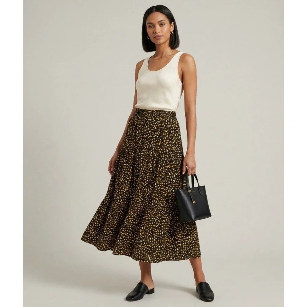 NWT Ann Taylor Brown Yellow Petal Print A Line Midi Long Skirt Women’s Medium M